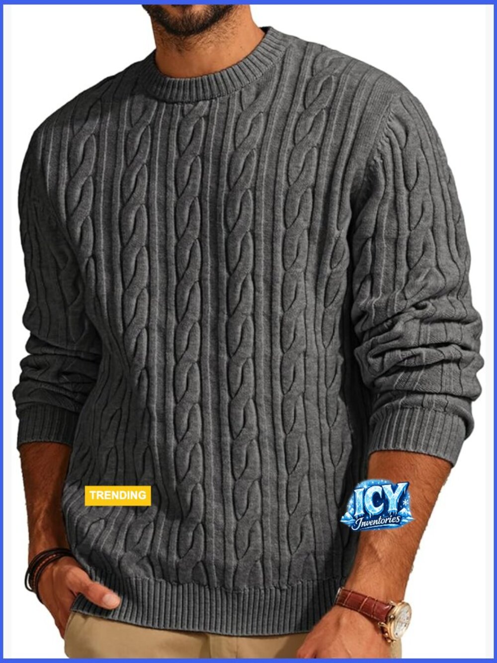 Cable Knit Pullover Sweater Crewneck Recycled Polyester Blend